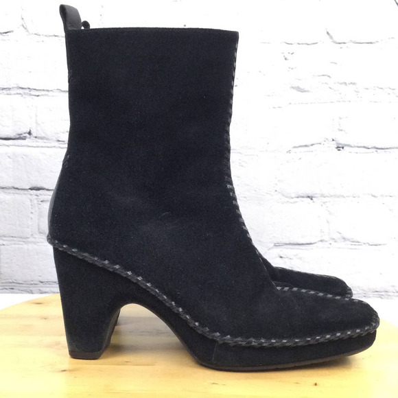 Linea Paolo Women's Suede Square Toe Chunky Heel Black Mid-Calf Pull On Boot 7 - Picture 2 of 16